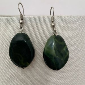 NWOT Green Earrings Tear Drop Shaped Enamel Stone Silver Fish Hook Marble